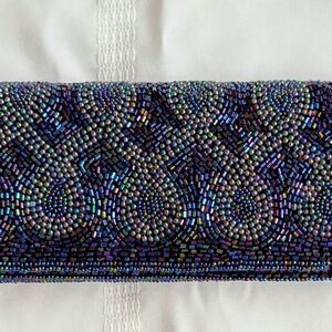 Elegant New Satin Beaded Dark Blue Evening Clutch Or Cross Body Purse